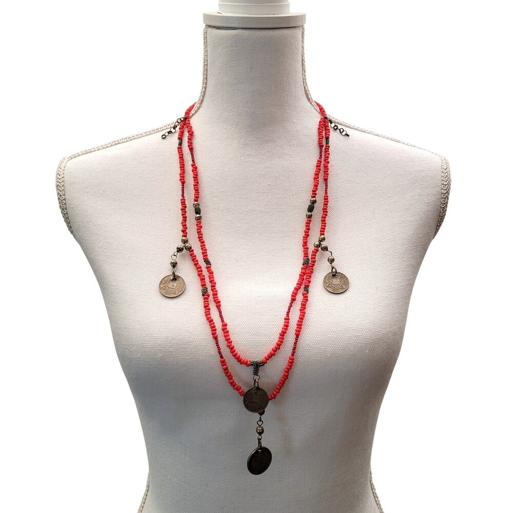 Vintage Guatemalan Chachal Necklace Red Beaded Coin Dangle Charms Mayan Boho